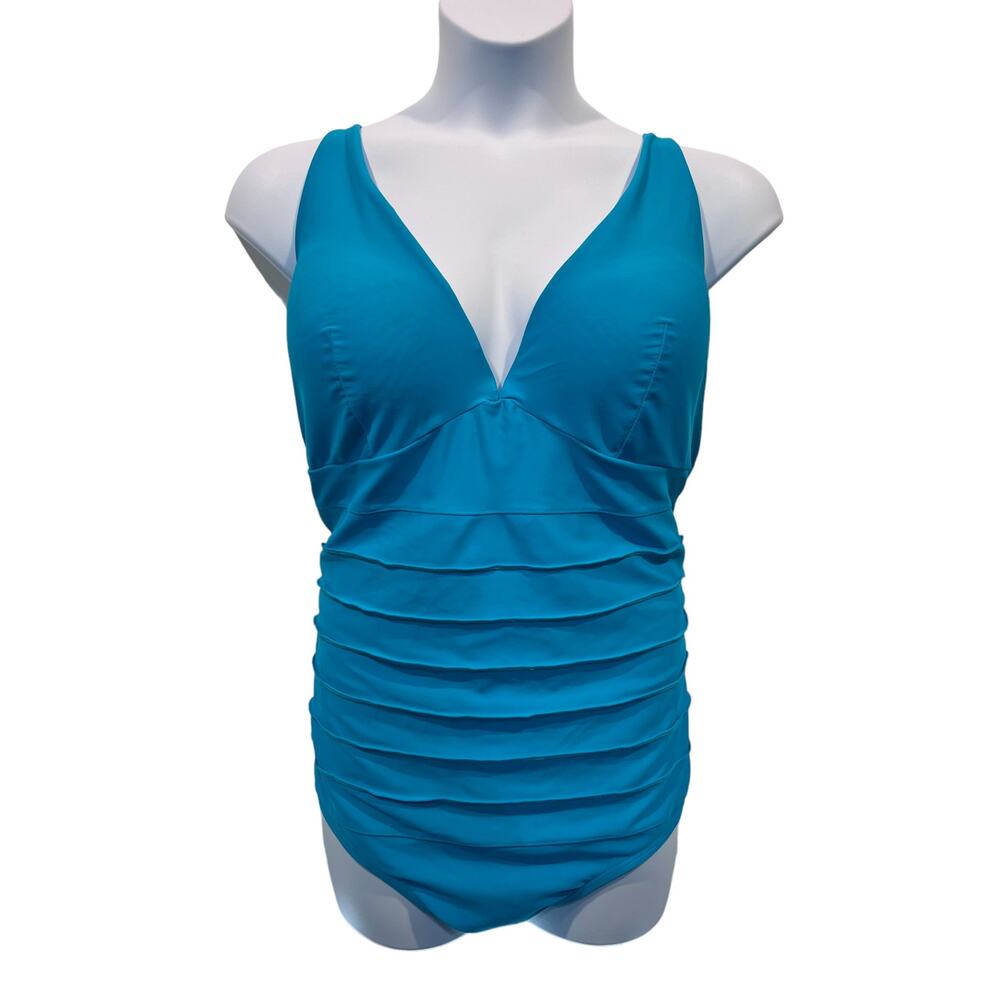 Cacique Swimsuit Womens Size 24 One Piece Plunge Wired Support Teal Blue